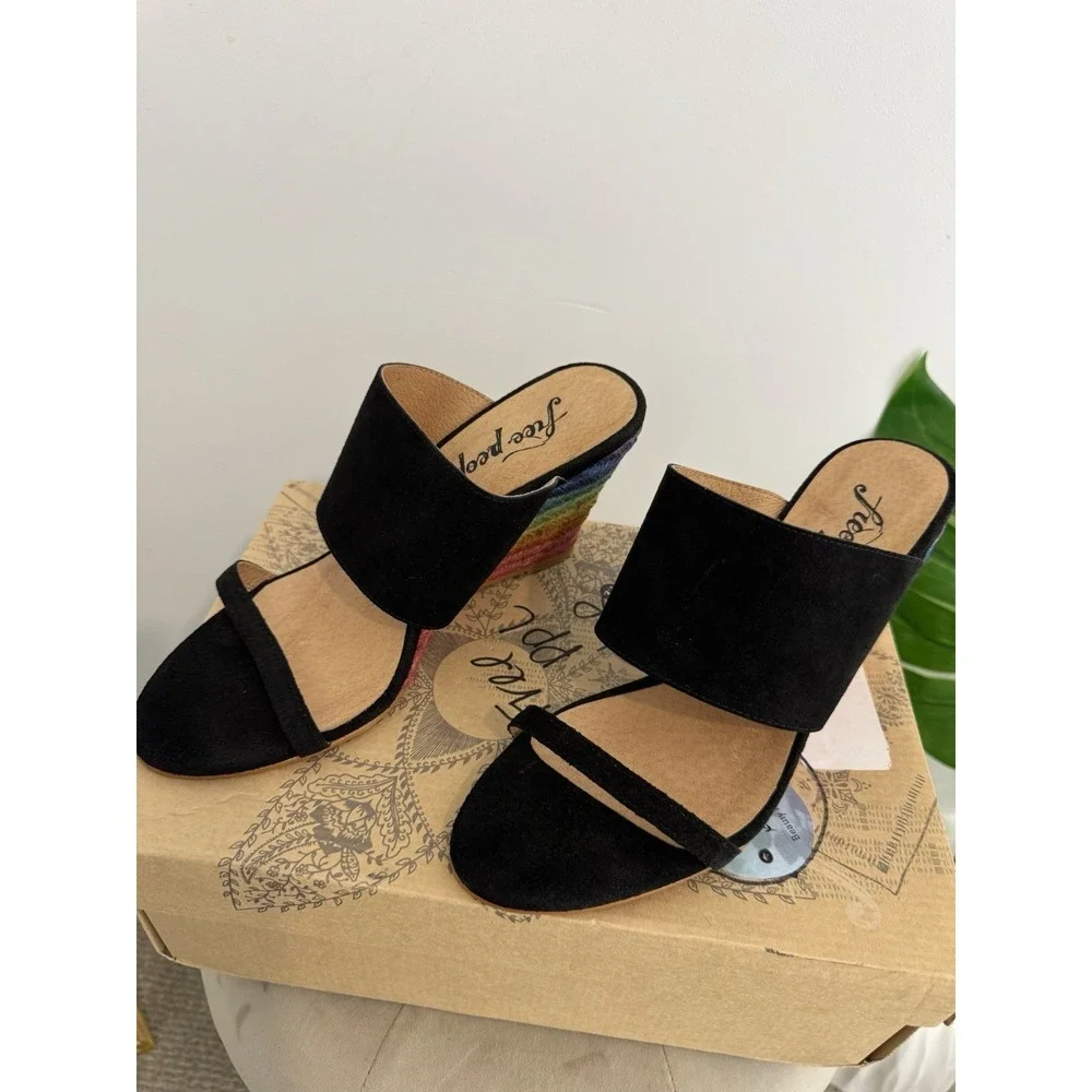 Free‎ People Women's Glorieta Black Suede Espadrille Rainbow Wedge Sz 38 NIB